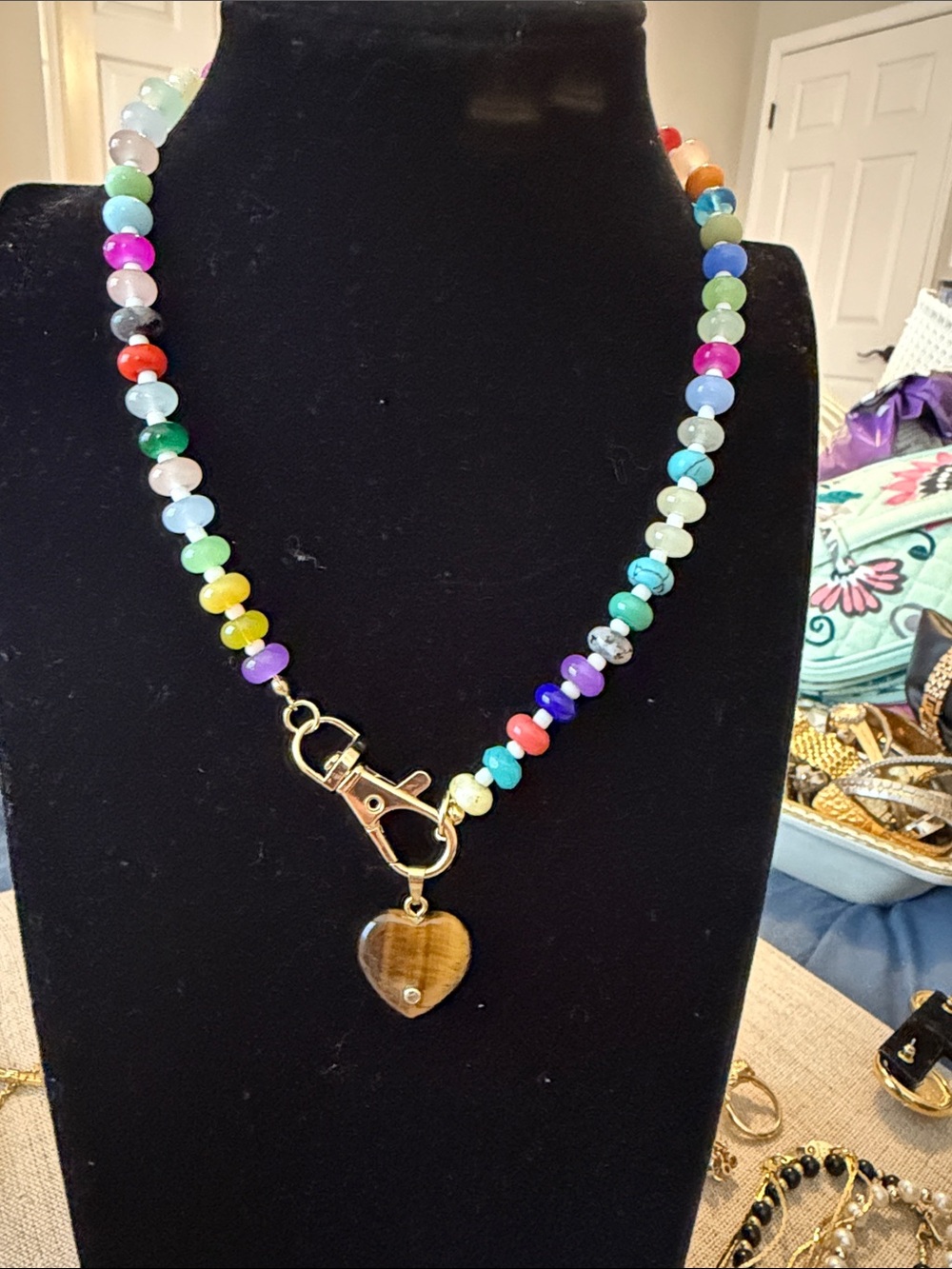 Handmade Multicolor Beaded Necklace with Tiger Eye Heart Pendant